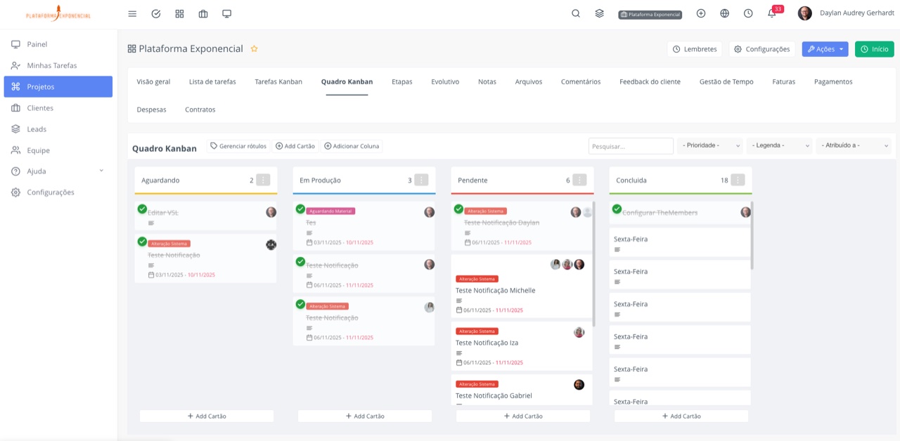 Kanban de tarefas do DAG CRM